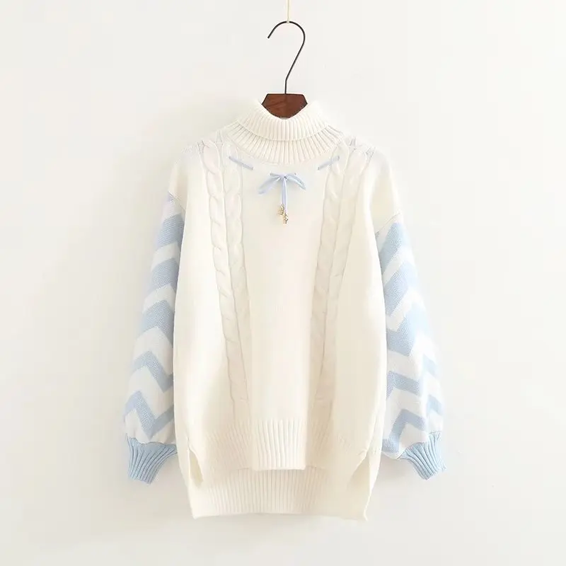 

Turtleneck knitted women's sweater pullover long lantern sleeve winter solid women's sweater 2020 loose basic pullover h00169