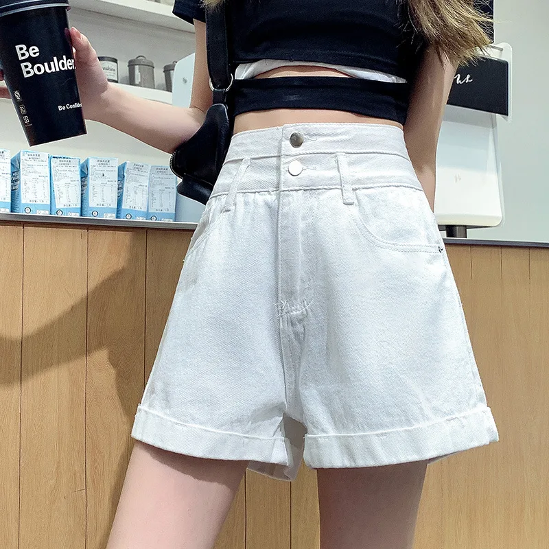 2021 Summer Woman High Waist Denim Shorts Loose A-line Wide-leg Jeans Female Solid Fashion Casual Shorts with Buttons Streetwear