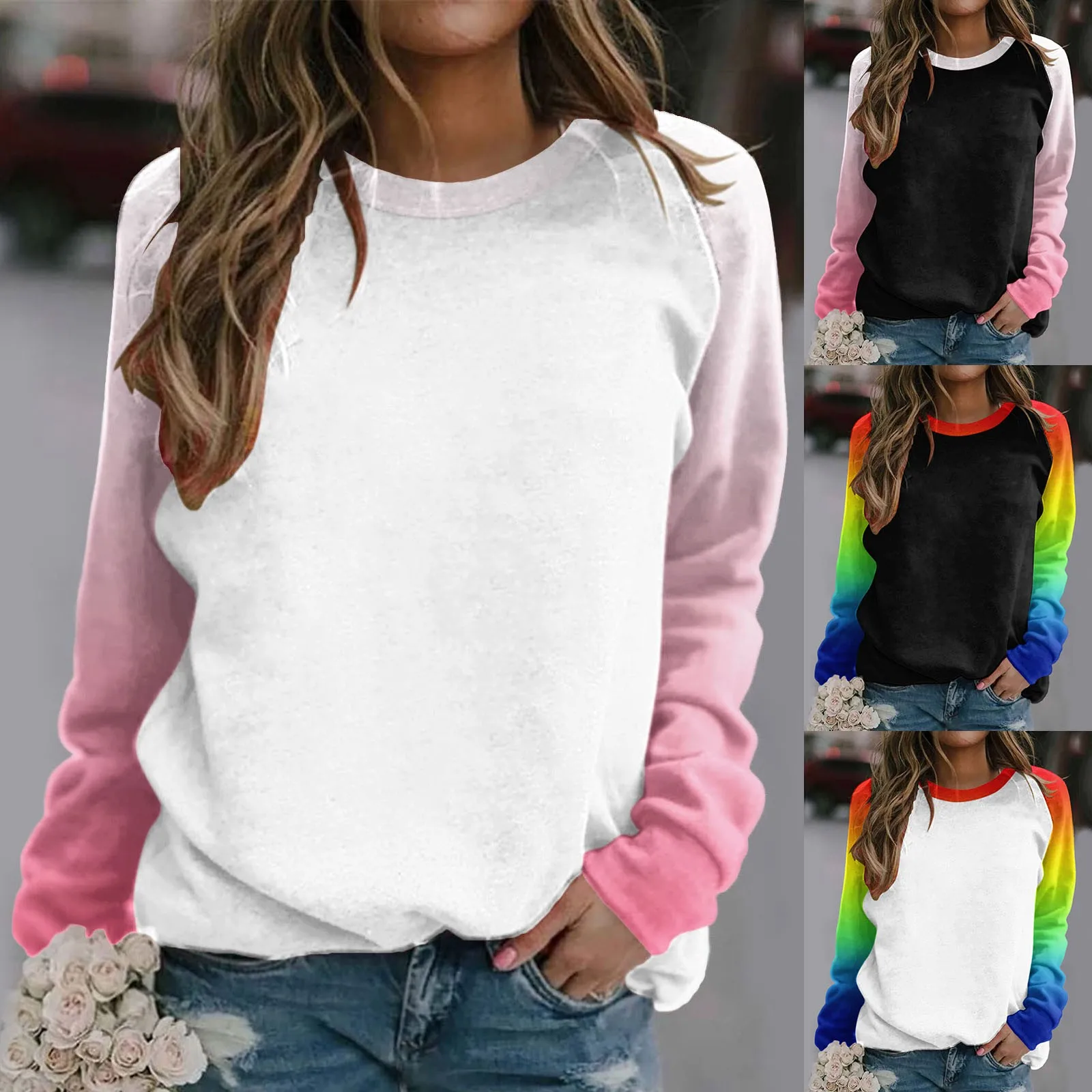 

Cold Weather Pullover Women Raglan Crewneck Tops Gradient Solid Print Sweatshirts Top Long Sleeve Color Block Clothes