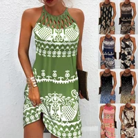 2022 summer new womens elegant round neck vintage cutout neck sleeveless halter print dress hollow out floral sexy party dress
