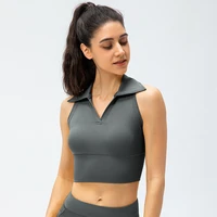 2022 spring summer new women%e2%80%98s lapel tight yoga vest nude soft stretchy crop top fitness running tennis golf sports vest tanktop