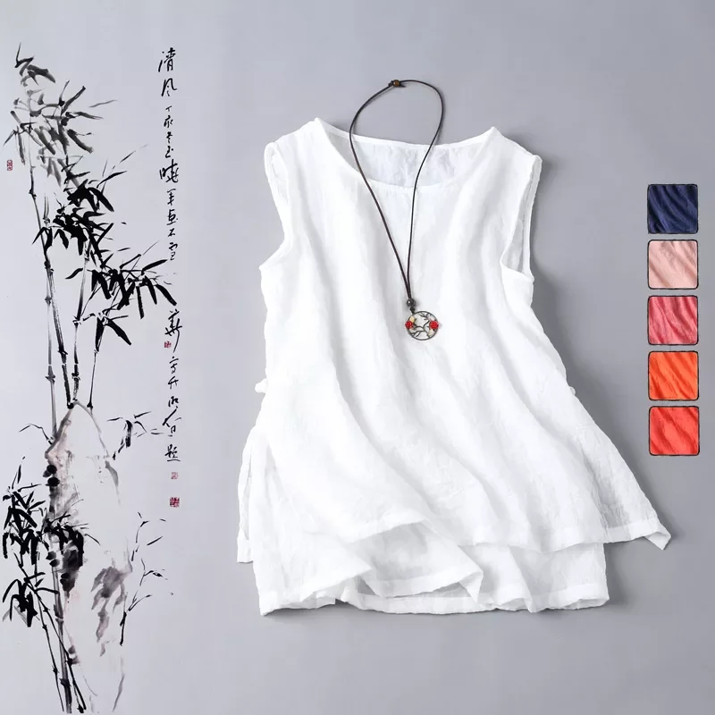 

2022 Summer New Arts Style Women sleeveless Tank Tops cotton linen Casual White Top Femme Vintage Tank Top Plus Size S731