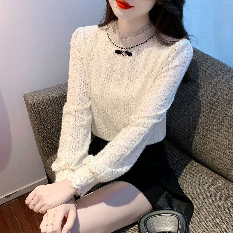 Новая женская блузка с длинным рукавом и рюшами кружевная бантом рубашка женские