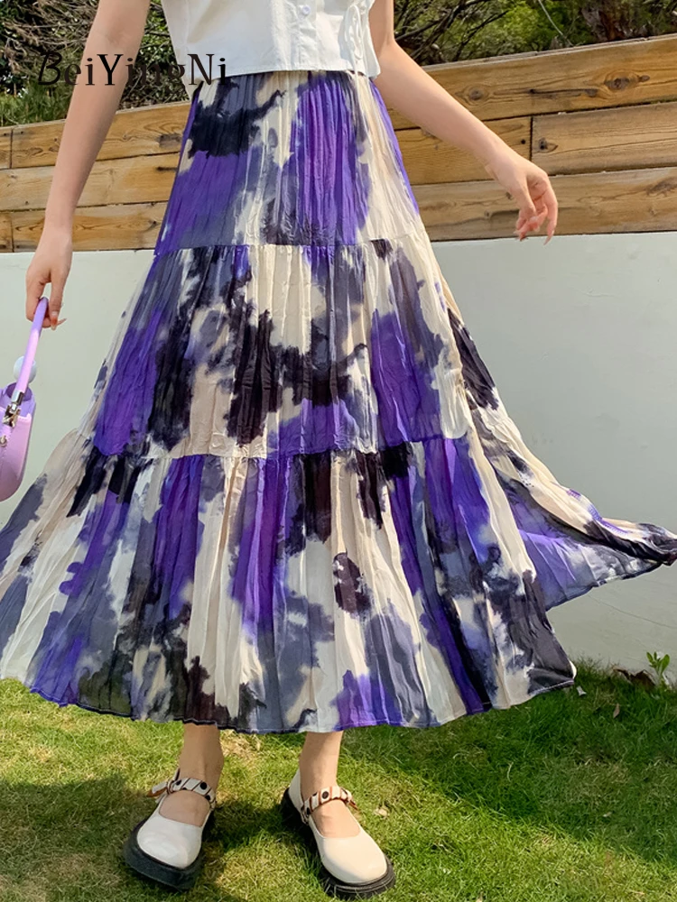 

Beiyingni Spring Summer Fashion High Waist Pleated Skirts Woman Tie Dye Split Vintage Casual Chiffon Long Midi Skirt Patchwork