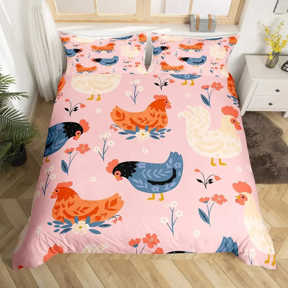 Cute Chicken Duvet Cover King Queen Colorful Rooster Bedding Set Farm Animal Comforter Funny Rustic Farmhouse Quilt