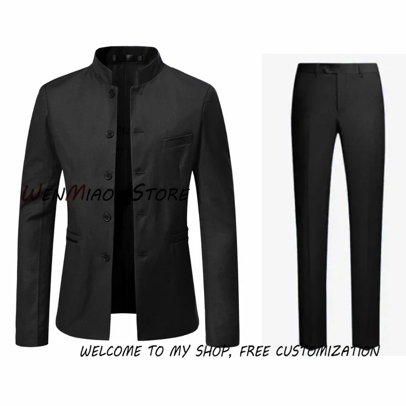 Stand Collar Men Suit 2 Piece Wedding Groom Tuxedo Solid Color Blazer Pants Formal Jacket conjuntos de chaqueta