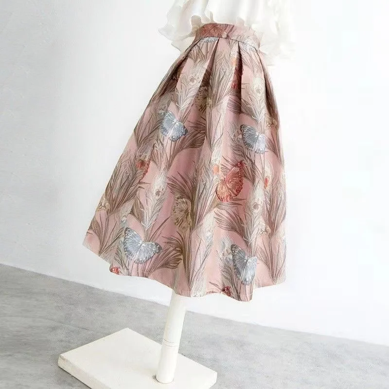 

Women's Stereoscopic Embroidered Flower Skirts With Zipper High Waist Jacquard Pockets Ball Gown Skirt S-XXL 2023 Spring