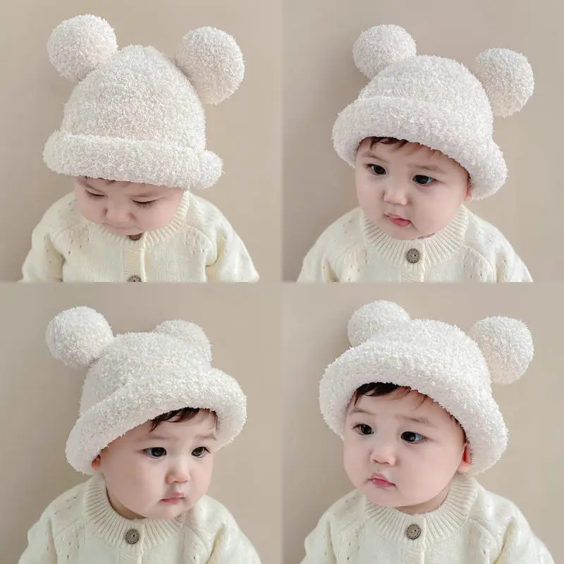 

Baby Wool Hat Winter Warm Plush Pullover Cap Solid Color Curled Children's Boys Girls Cute Cartoon Bear Ear Autumn Hat 5 Colors