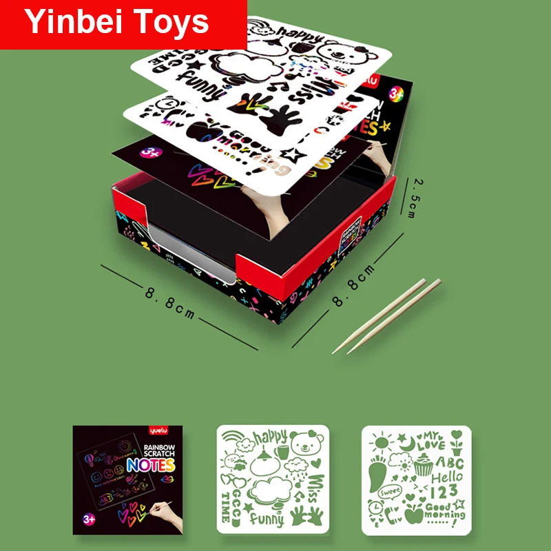 

100/10pcs Rainbow Scratch Mini Notes Paper Pad Cards with 2 Stylus 2 Drawing Stencil Children Kids Draw Painting Toys Craft Gift
