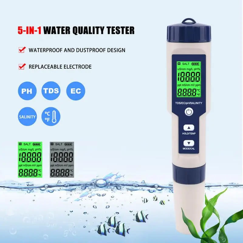 

Тестер качества воды, высокоточный водонепроницаемый цифровой измеритель PH 5 в 1, TDS/EC/PH/солености/температуры воды