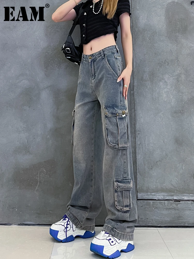

[EAM] High Waist Blue Pockets Long Casual Denim Wide Leg Jeans New Loose Women Trousers Fashion Tide Spring Autumn 2022 1DE9984