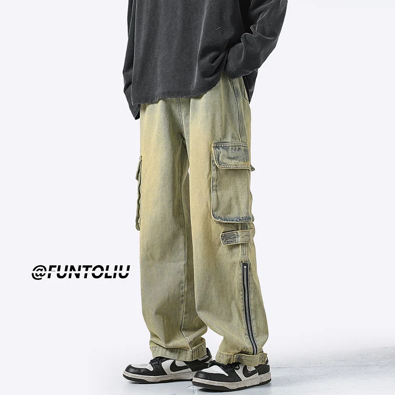 3 Colors Baggy Cargo Jeans Men Fashion Casual Loose Pocket Jeans Men Streetwear Hip Hop Straight Denim Pants Mens Trousers M-2XL