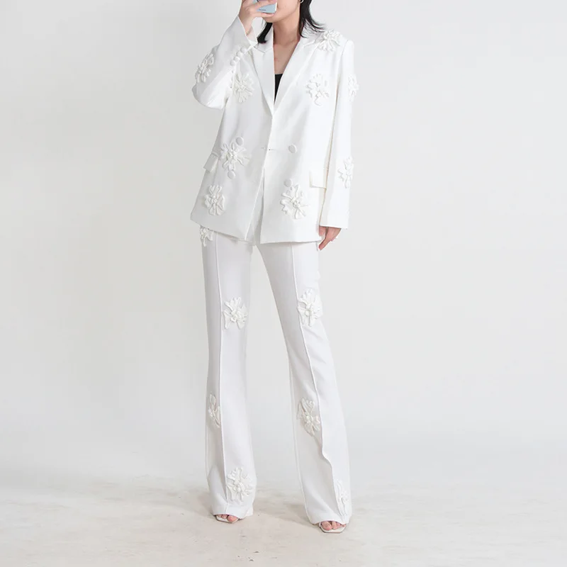 2023 Summer New Women's Temperament Suit, Long-sleeved Buckle Lapel Three-dimensional Flowers Stitching Solid Color Jacket for W