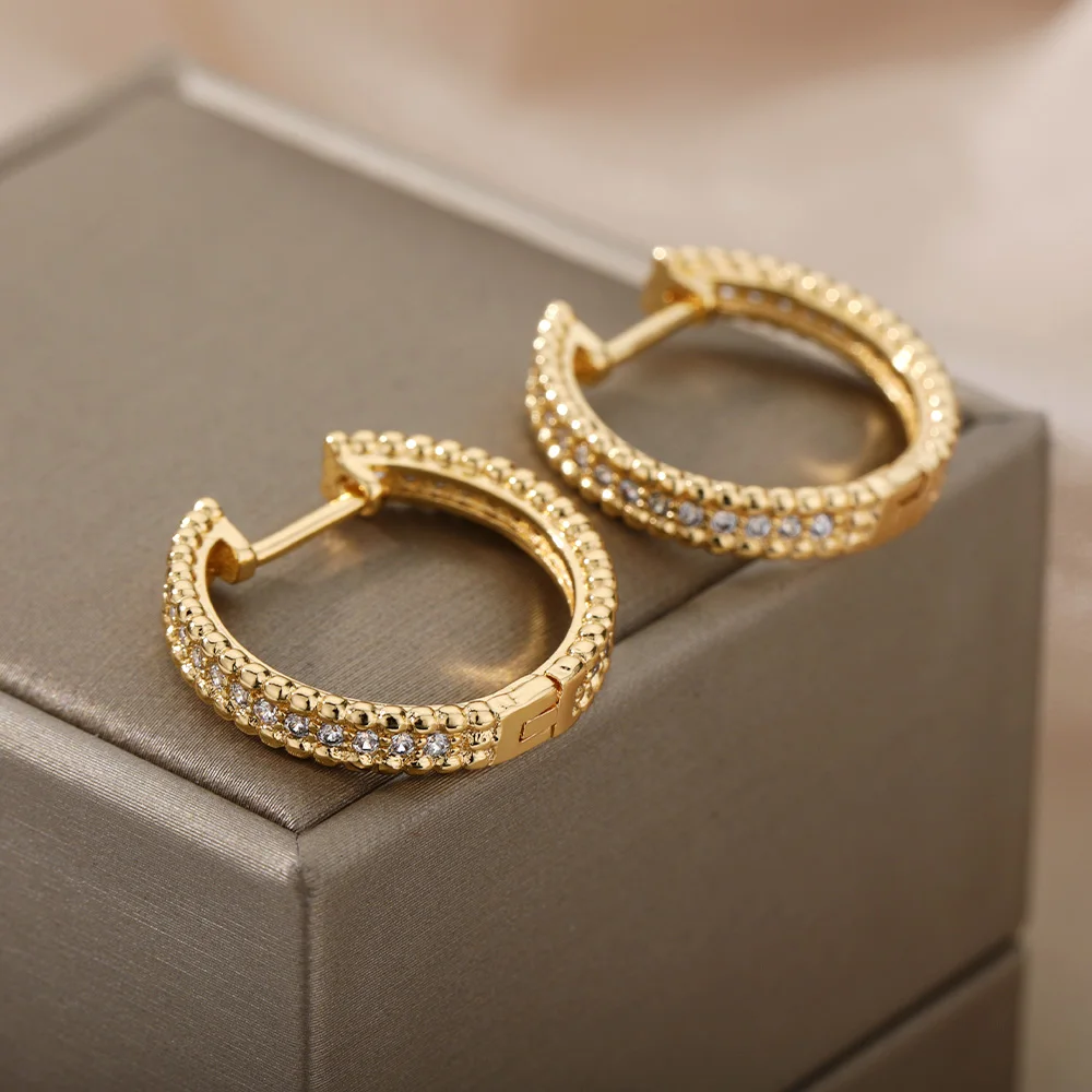 

Punk Cubic Zircon Round Earrings For Women Gold Plated Stainelss Steel Geometric Circle Earrings Wedding Jewelry Party Gifts