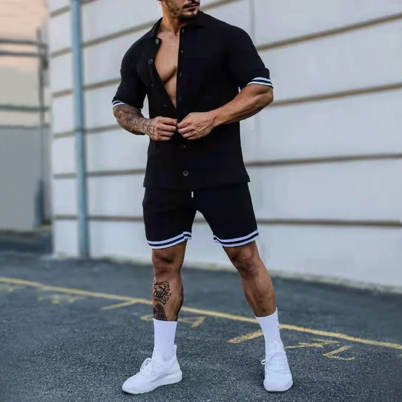 

2022 summer new trend solid color lapel men's short-sleeved shirt POLO shirt button-up men's shorts fashion men's suit