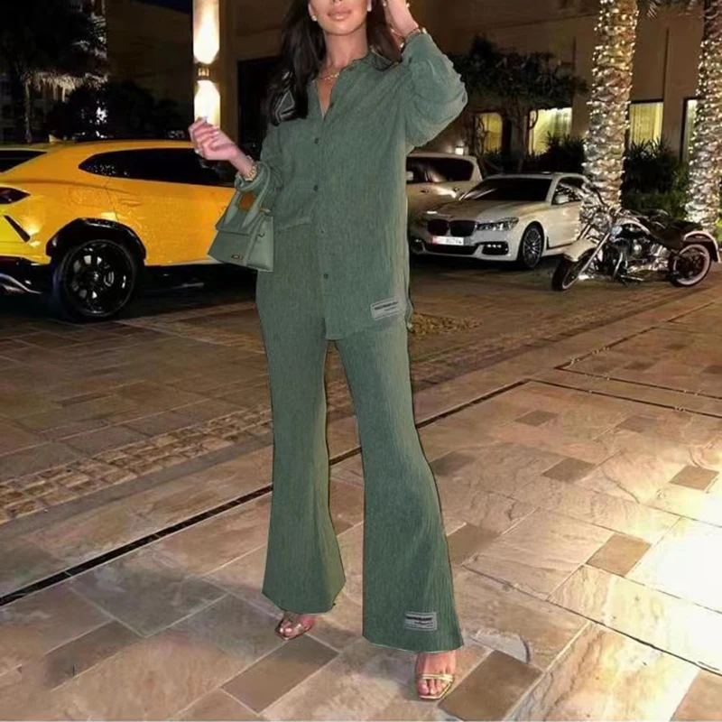 

TGM Solid Sustainable Basic Pleated Women Oversized Shirt + Wide Leg Pants Elegant Tracksuit Two 2 Piece Set