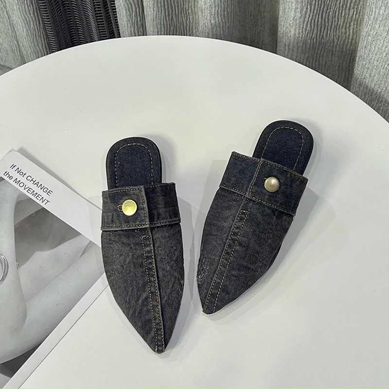 

Удобные универсальные Индивидуальные женские тапочки, джинсовые туфли с острым носком на плоской подошве, женская пляжная обувь, новинка 2023