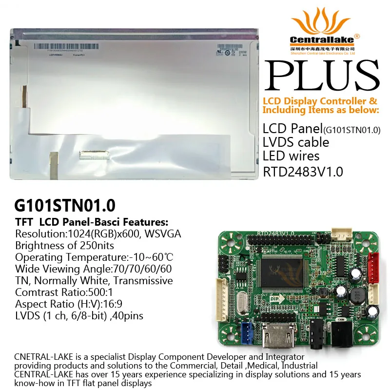 Hot Sale for 10.1″LCD Industrial Display Screen Includes Controller Board RTD2483V1.0 Plus 10.1 Inch Panel G101STN01.0