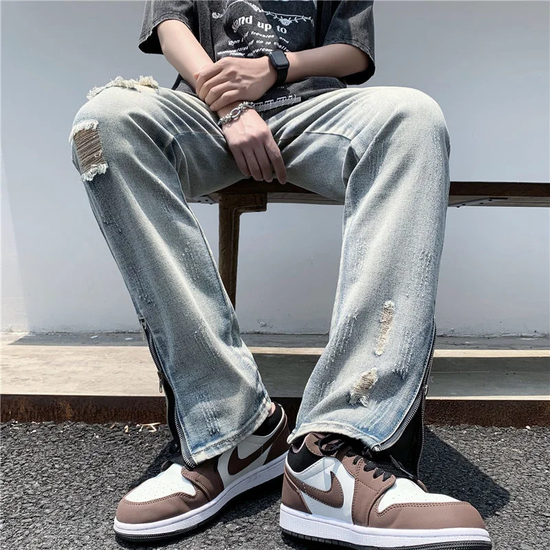 Summer Ripped Jeans Men Slim Fashion Casual Straight Jeans Mens Japanese Streetwear Loose Hip Hop Hole Denim Pants Mens Trousers