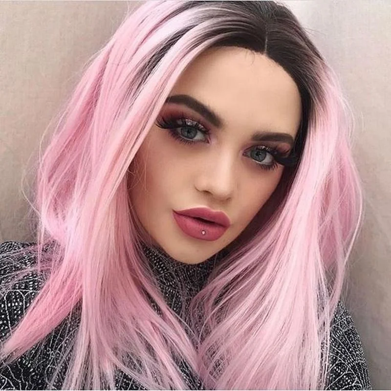 

GNIMEGIL Synthetic Pink Cosplay Wig for Girl Long Hair Ombre Wig with Dark Roots Pink Wig for Woman Heat Resistant Cheap Wig