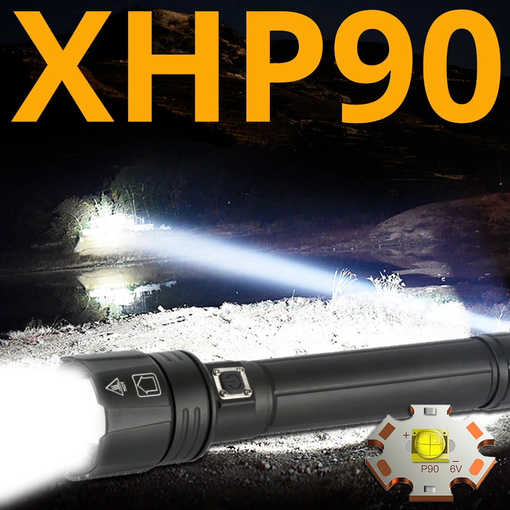 Мощный светодиодный фонарик XHP90 с USB-зарядкой lanter 2*26650 аккумулятор для кемпинга
