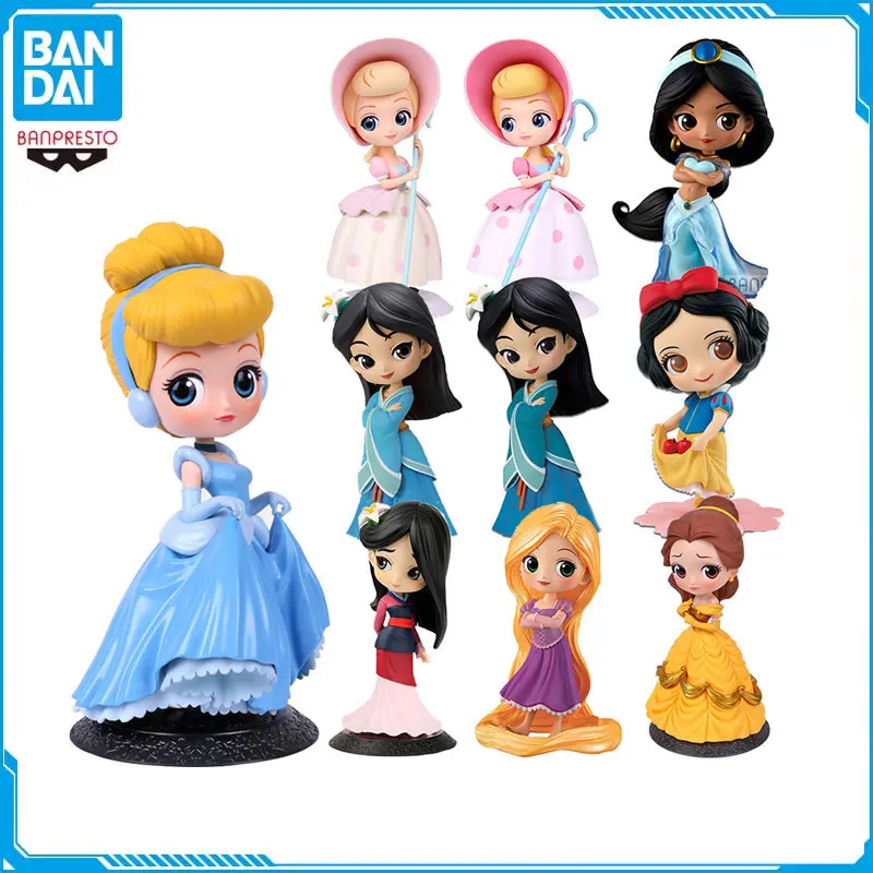 

Bandai Original Disney Princess Characters Belle Aurora Sofia Mulan Bo Peep Qposket Anime Action Figures Classical Model Gift
