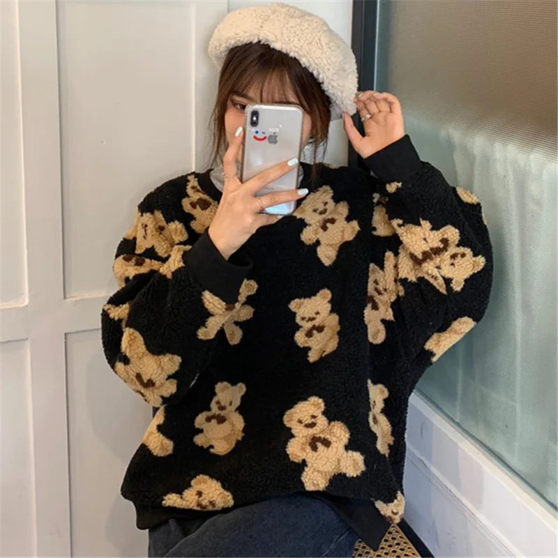 

Winter Lamb Hair Kawaii Bear Print Sweatshirts Tops Korean Cartoon O Neck Thick Warm Long Sleeve Harajuku Hoodie Ladies Fashion