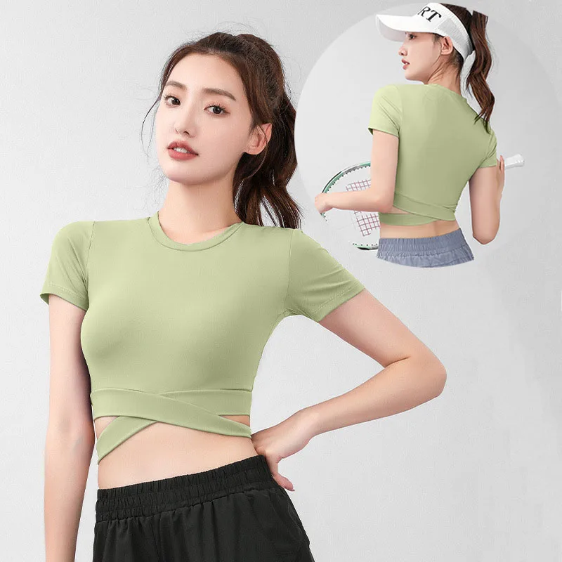 

Crop Tops Women Yoga T-shirts Solid Sports Top Running Shirts Sexy Exposed Navel Quick Dry Fitness Gym Sport Wear