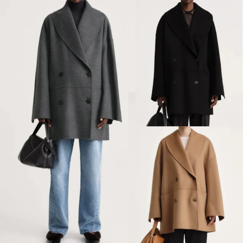 

Women's Silhouette Wool Coat Long Sleeve Double Breasted Female Loose Jacket