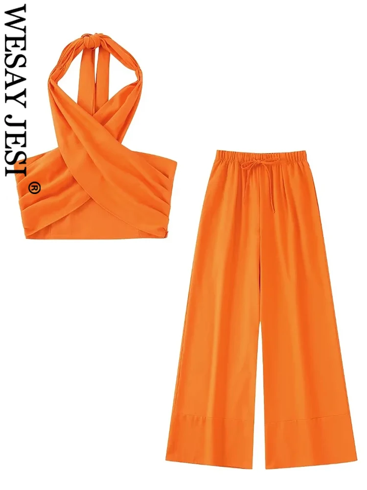 

WESAY JESI Women Solid Orange 2 Piece Halter Neck Crossover Slim Sexy Elastic Tank Top + Elastic Waist Drawstring Wide Leg Pants
