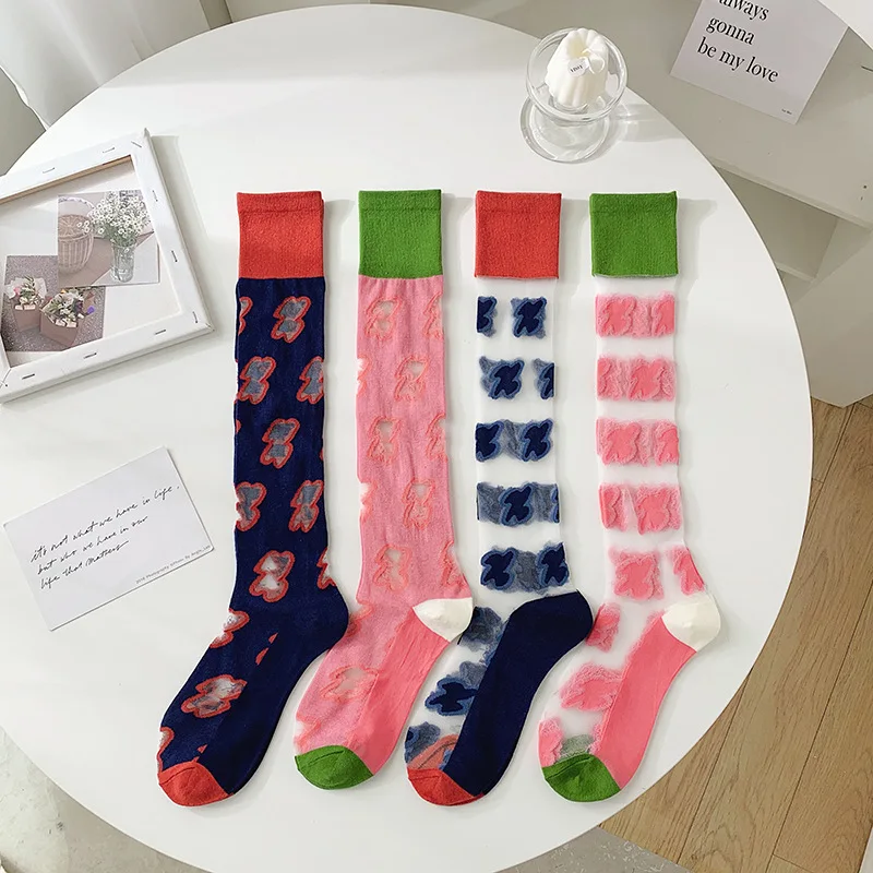 

Summer socks female mid-thigh knee calf stockings Japanese French wind small flower JK net red thin section glass socks