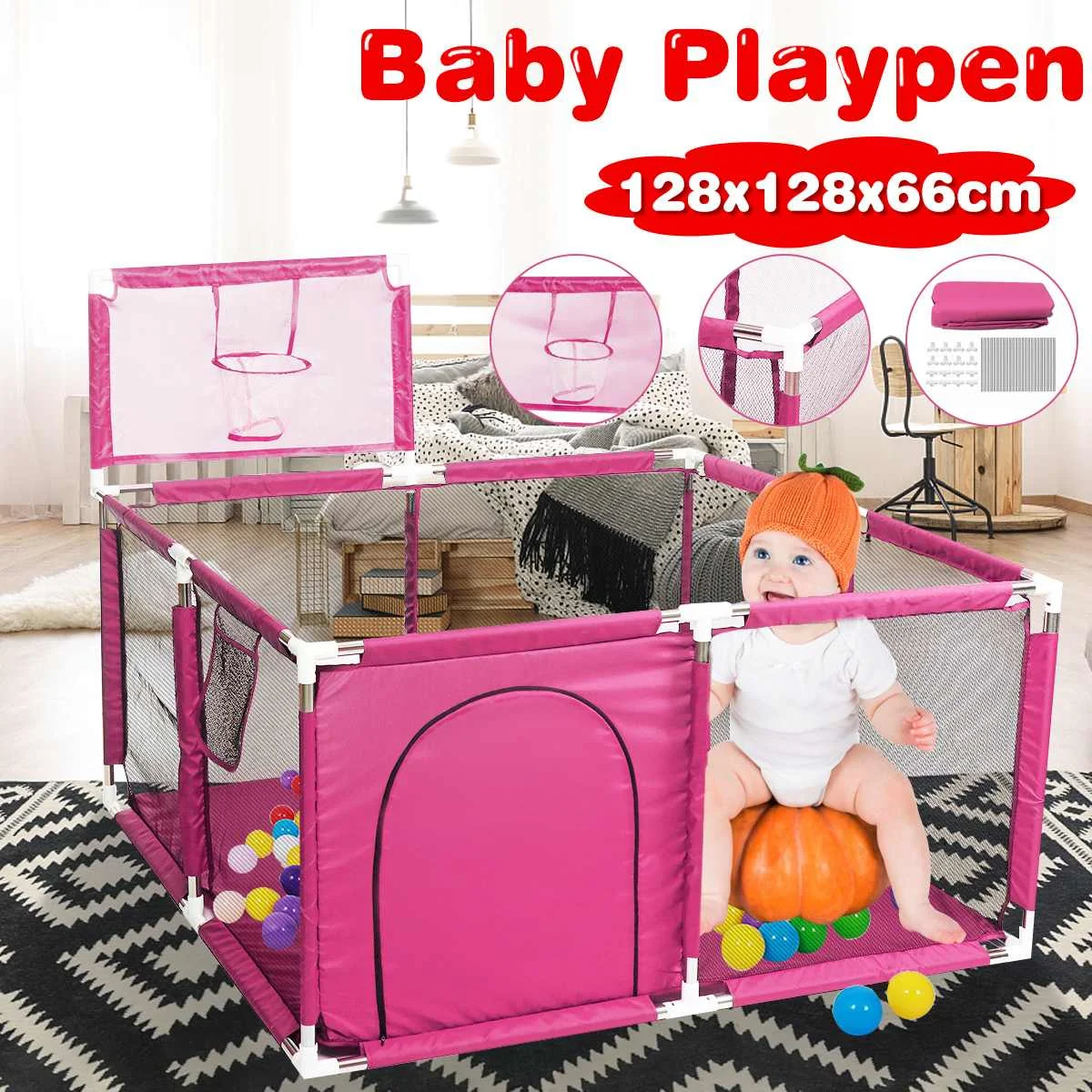 4 Panel Baby Playpen Kids Play Playard Safety Gate Fence With Basketball Rings Game Pool Barrier Baby Playpen Indoor Children