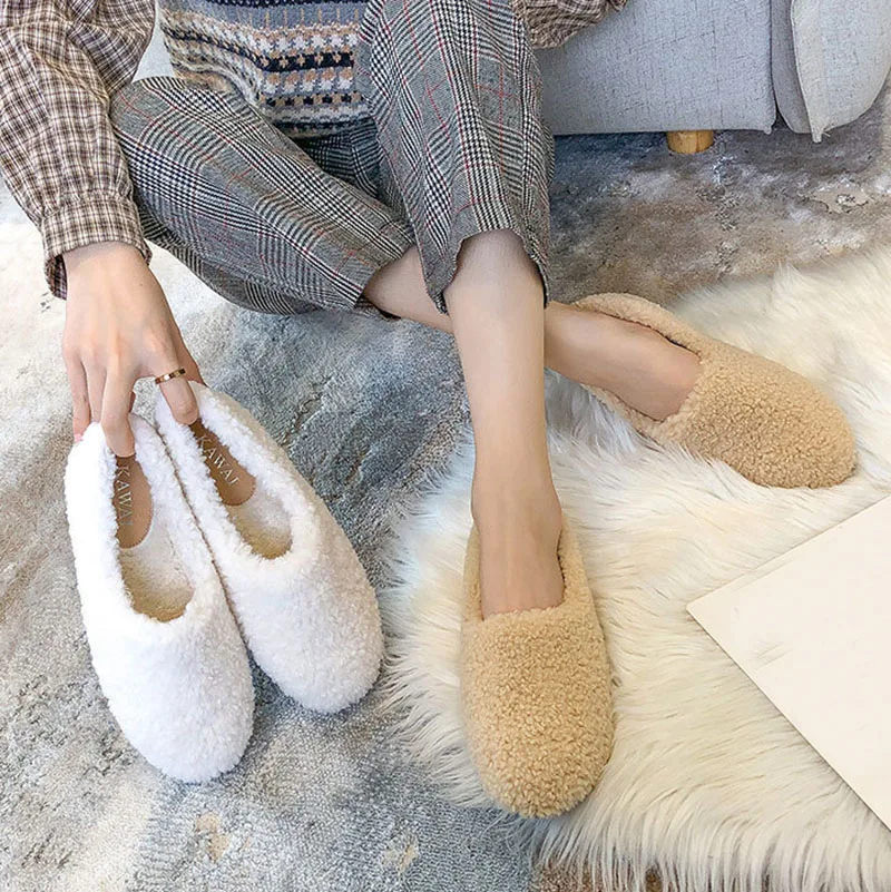 White Ladies Traf Loafers Warm Cotton Footwear Winter Slip On Sheep Fur Flats Women Lambswool Wool Shoes Mocasines Mujer