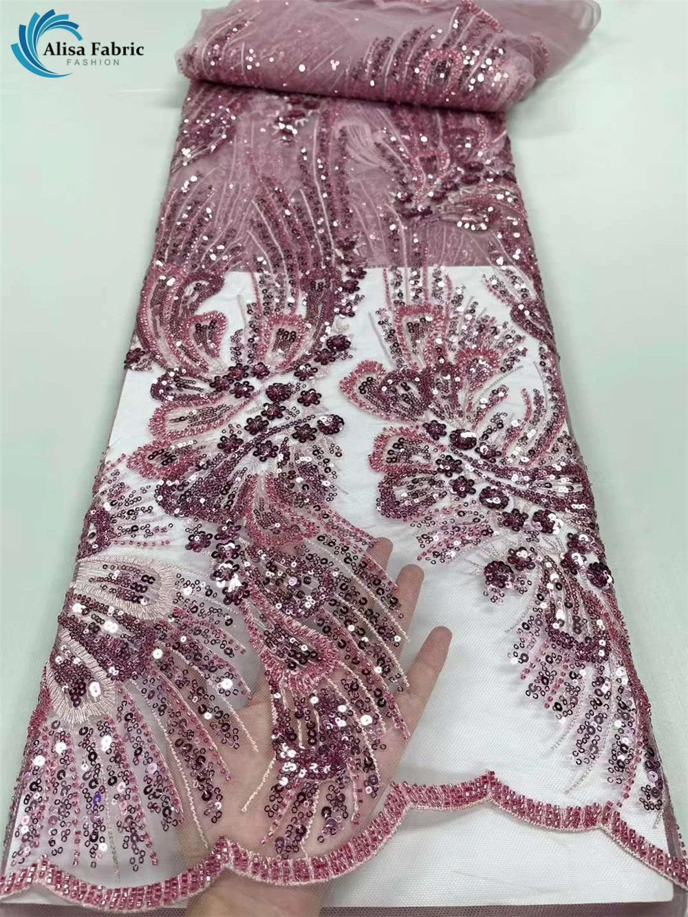 

Fushia розовая французская кружевная ткань с бусинами 2022 Высококачественная сетчатая ткань Тюлевая кружевная ткань с блестками для невесты