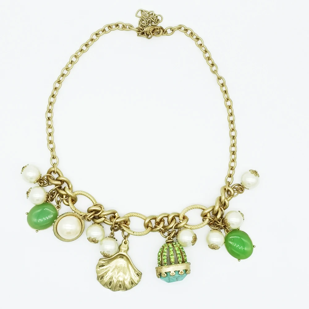 

Fashion Top Quality Women Pendant Necklaces Pearl Metal Shell Green Artificial Gemstone Jewelry Free Shipping
