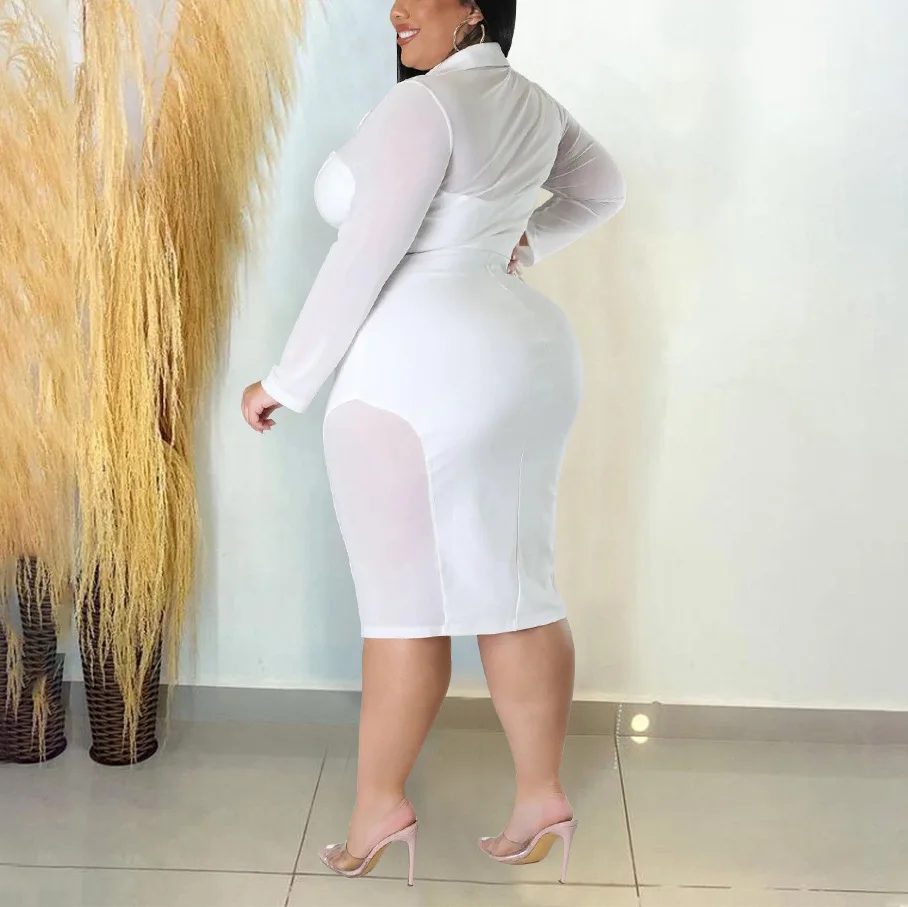 4XL 5XL Plus Size Dresses for Women Full Sleeve Zipper Closure Turn Down Collar Bodycon Fashion Evening Party Dinner Vestidos