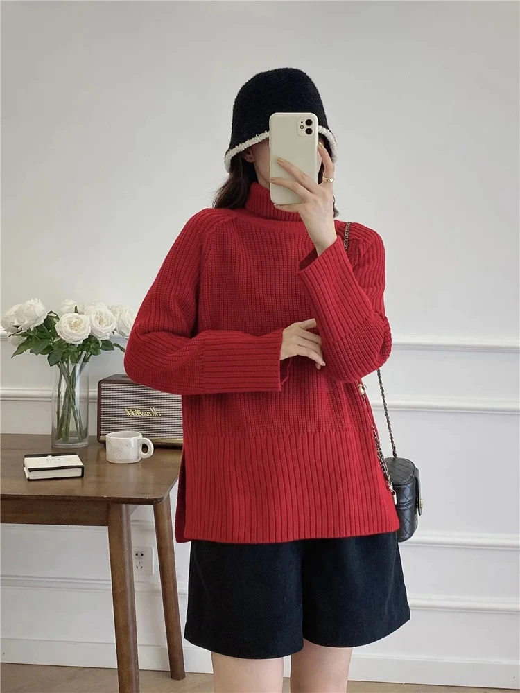 

Womens Autumn Winter Casual High Collar Long Sleeve Red Sweaters Chic Lady 2023 Knitted Elatic Solid Pullover Tops Femme