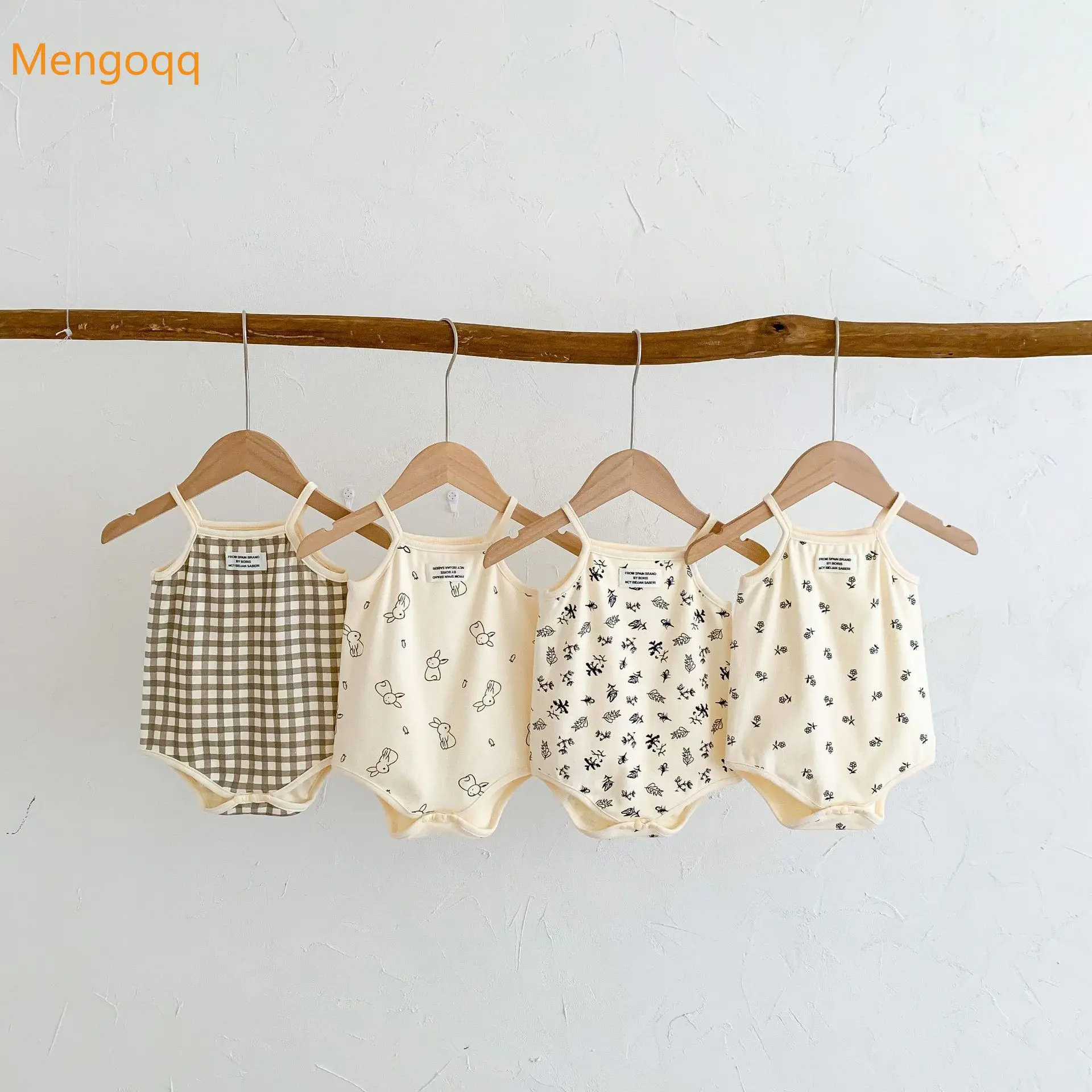 

mengoqq infant kids baby boys girls print cartoon plaid bodysuits Pattern cotton off shoulder sleeveless jumpsuits 0-24M
