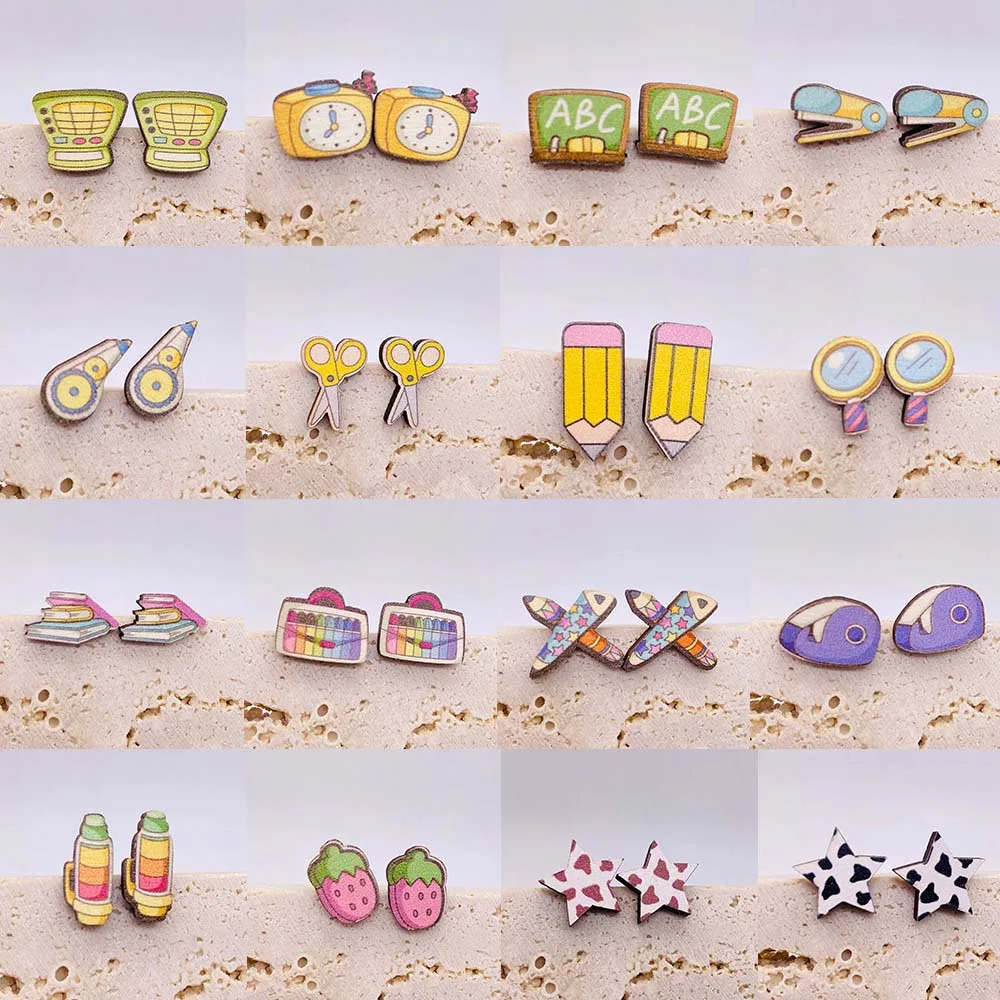 

Cute Teacher School Stud Earrings Pencil Book Wooden Earrings Back To School for Women Teacher's Gift Jewellery Wholesale