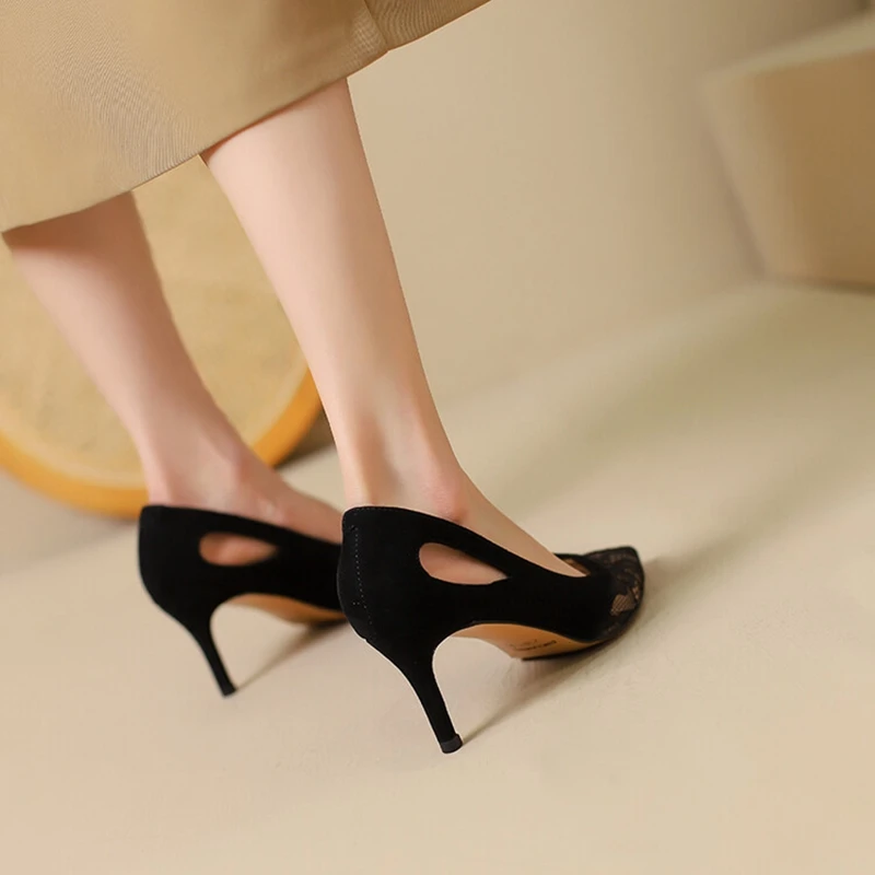 

2022 Spring/Autumn Women Shoes Pointed Toe Thin Heel Pumps Air Meah High Heels Elegant Sheep Suede Shoes for Women Party Shoes