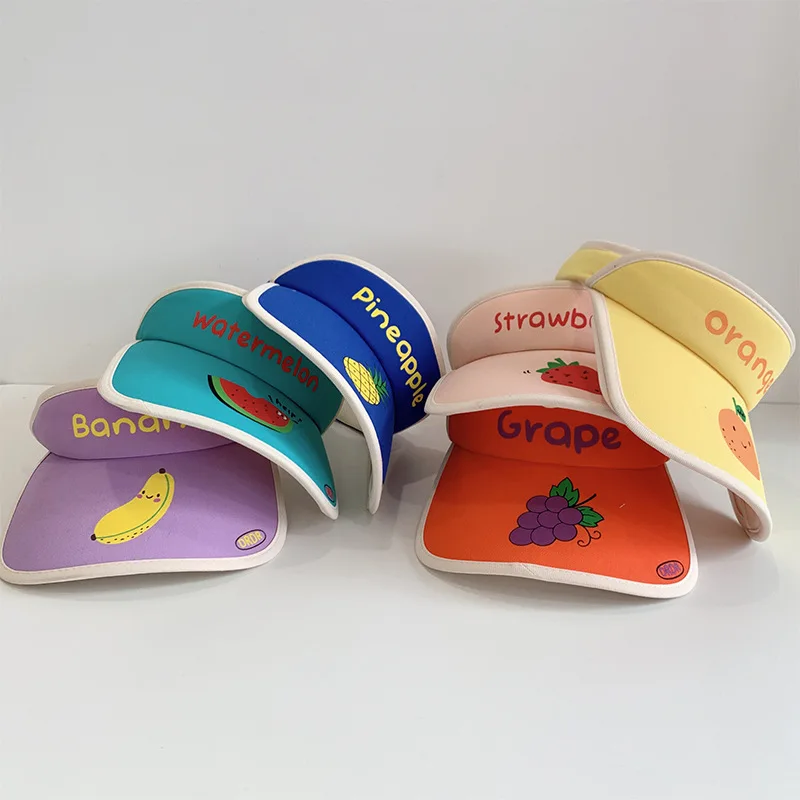 

Summer New Children Fruit Print Empty Top Hat Boy Girl Baby Letter Sunscreen Sun Cap Kid Cotton Large Brim Breathable Beach Hats