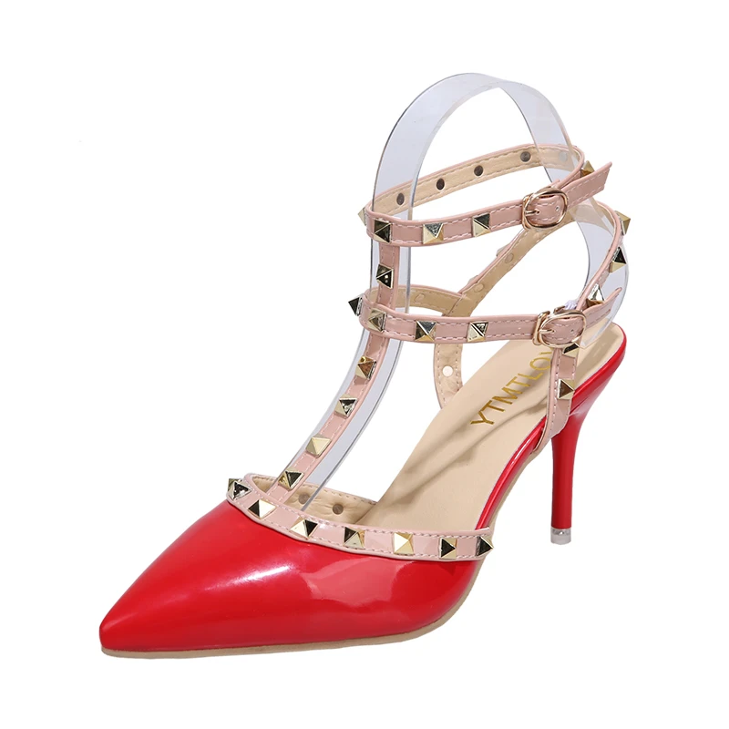 

Туфли женские на высоком каблуке, заостренный носок, заклепки, пикантные сандалии на шпильке, ремешок, летние вечерние туфли-лодочки, большой размер 43