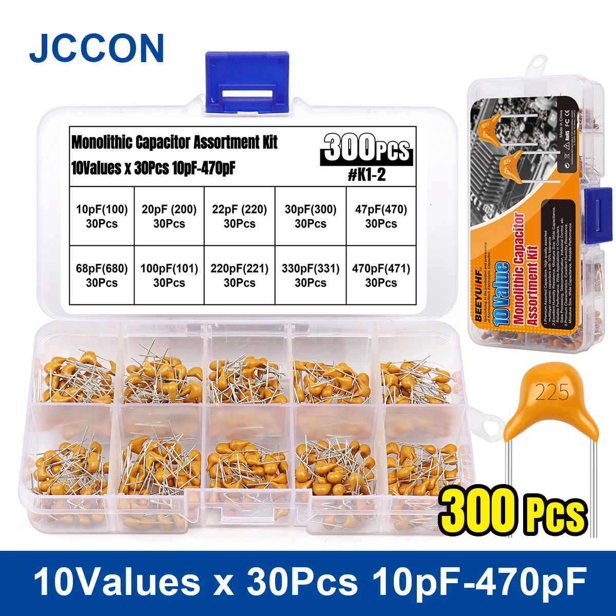 

300Pcs JCCON Ceramic Capacitor Kit 10 20 22pF 30pF 47pF 68pF 100pF 220pF 330pF 470pF Monolithic Ceramic Capacitor Assortment Kit