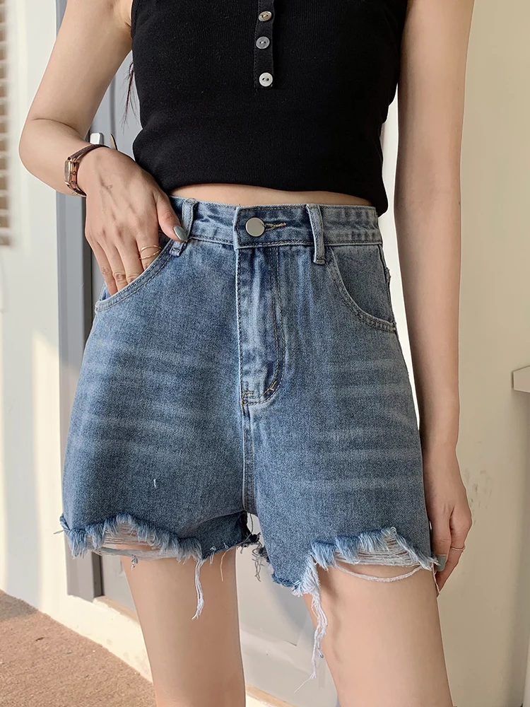 Streetwear Women High Waist Loose Hole Frayed Denim Shorts Spring Summer Female Wide Leg Jeans Shorts Bottoms