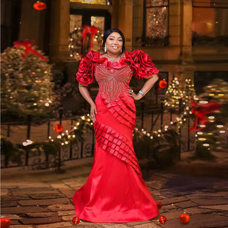 

Elegant Red Satin Beaded Evening Dress Ruffle Mermaid Wedding Party Banquet Dress South African Style