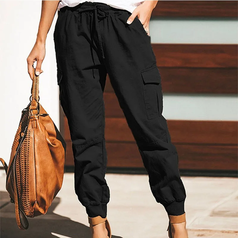 Women's Solid Fashion Pocket Cargo Pants High Waist Pockets Baggy Wide Leg Sweatpants Streetwear Drawstring Overalls Trousers