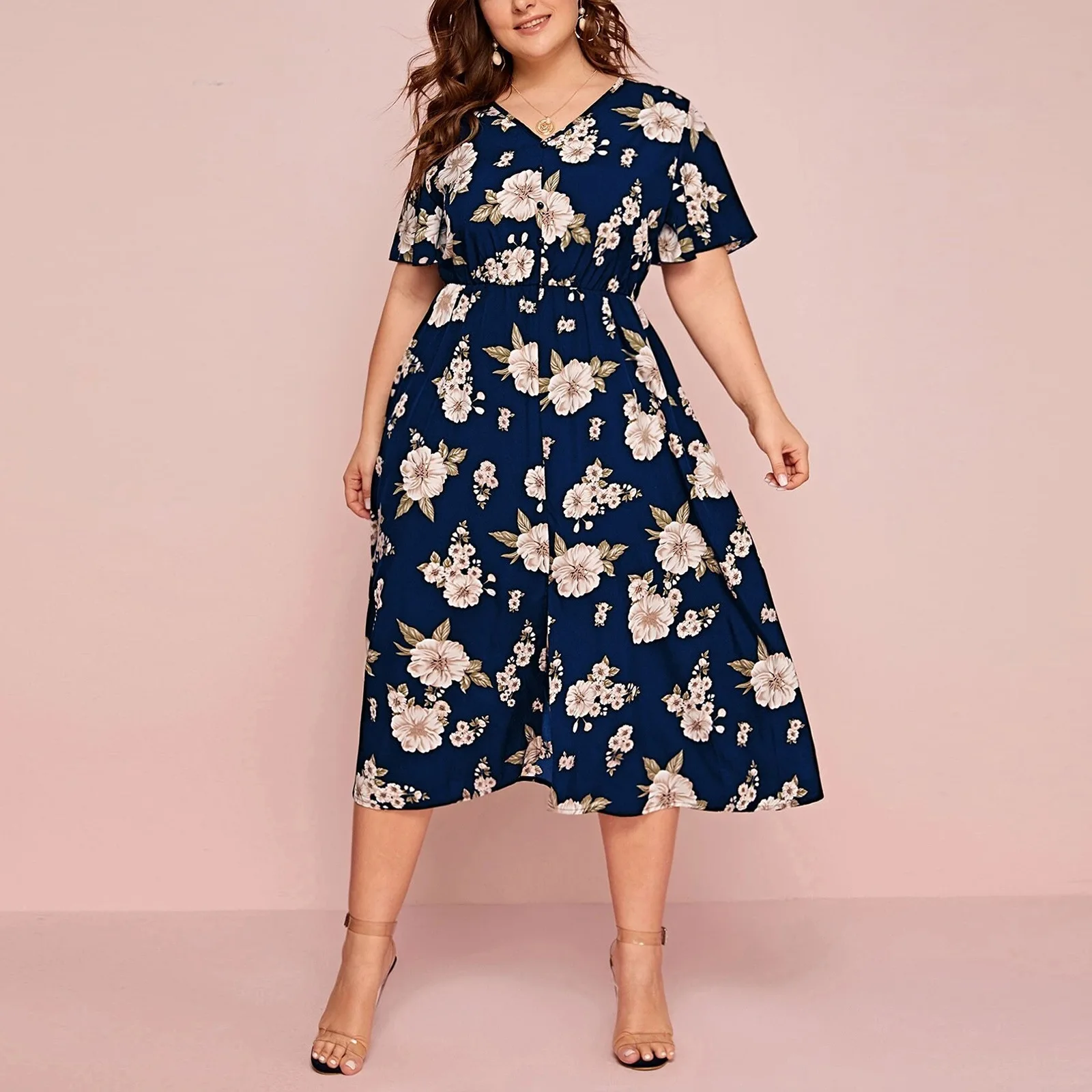 Plus Size Print Summer Dresses Woman 2022 Clothing Elastic Waist Midi Chiffon Dress Vestidos De Mujer Casual Elegante Robe Ete