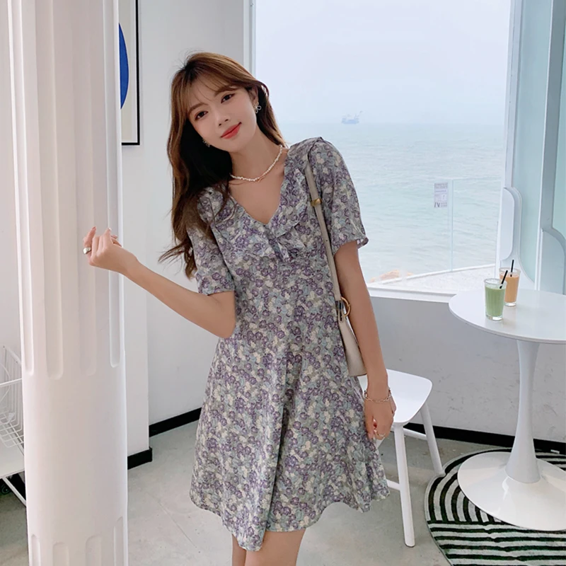 

New V-neck Ruffles Floral Dress French Style Puff Sleeve High Waist Elegant Women's Dresses Summer Chiffon Streetwear