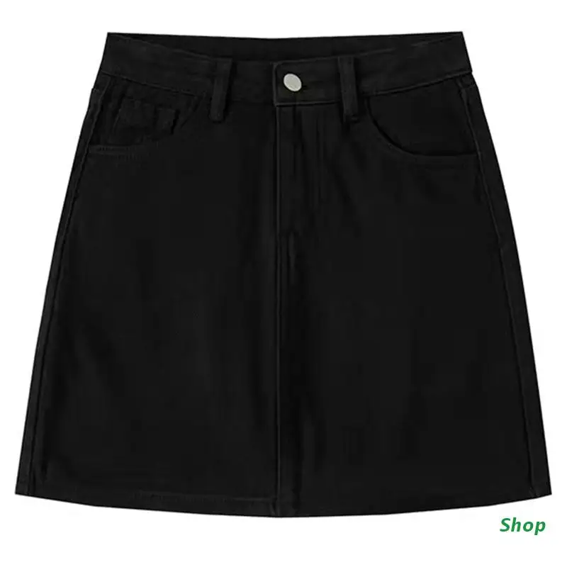 

L5YC Women Summer High Waist Black A-Line Denim Mini Short Skirt Sexy Package Hip Slim Fitted Flared Hem Plain Solid Color Jeans