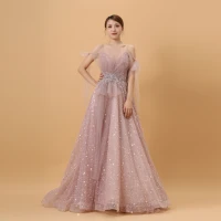 light pink stunning handmade heavy beaded a line sleeveless strap backless adjustable delicate tulle crepe dress evening gown